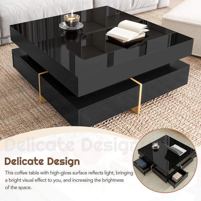 On-Trend Modern High Gloss Coffee Table With 4 Drawers, Multi Storage Square Cocktail Tea Table With Wood Grain Legs, Center Table For Living Room - Black