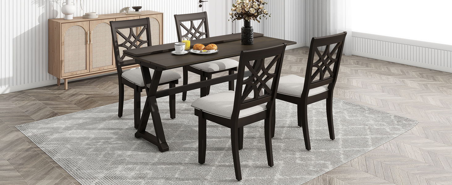Topmax 5 Piece 62*35.2" Extendable Rubber Wood Dining Table Set With X - Shape Legs, Console Table With Two 8.8" - Wide Flip Lids And Upholstered Dining Chairs, Dark Walnut