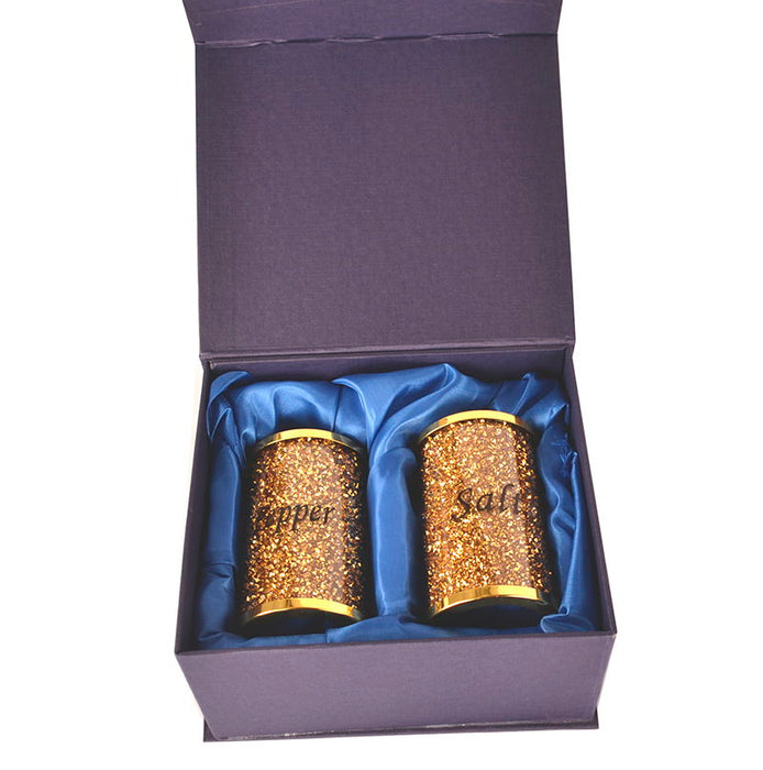 Ambrose Exquisite Salt & Pepper Canisters With Tray In Crushed Diamond Glass In Gift Box - Gold