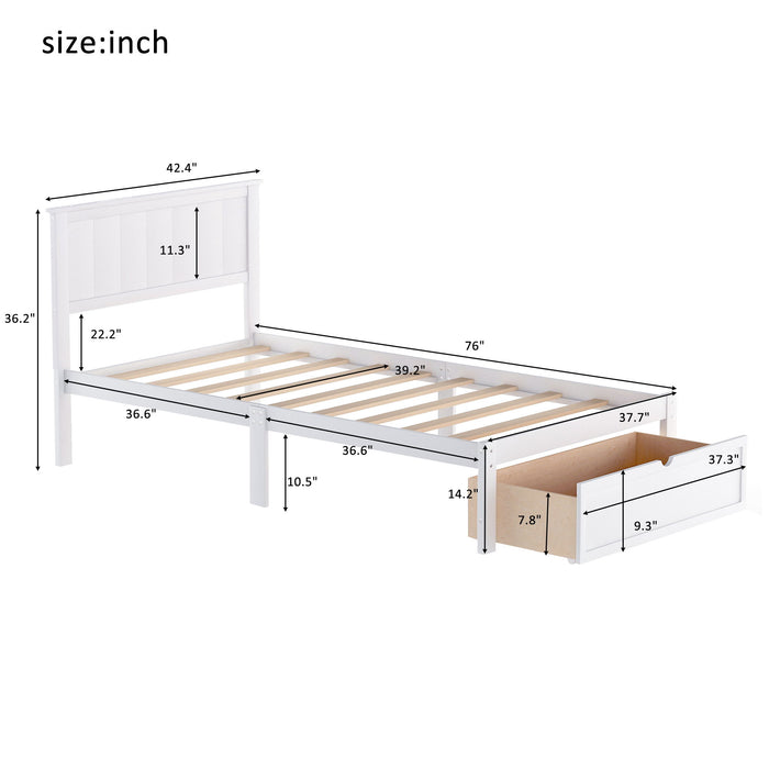 Twin Size Platform Bed With Under Bed Drawer, White