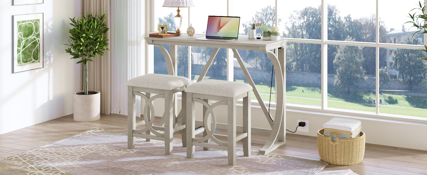 Topmax Farmhouse 3 Piece Counter Height Dining Table Set With USB Port And Upholstered Stools, Cream