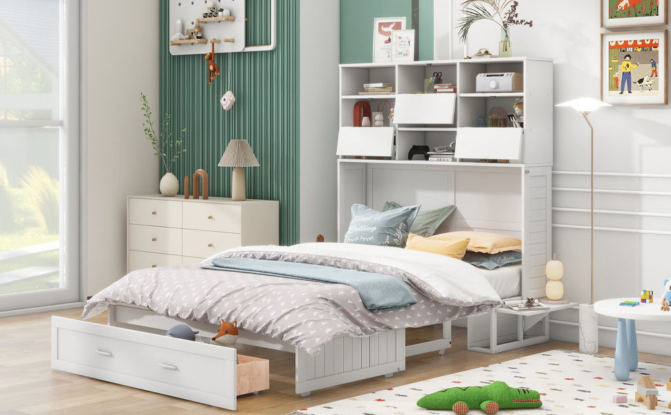 Queen Size Murphy Bed With Bookcase, Bedside Shelves And A Big Drawer - White