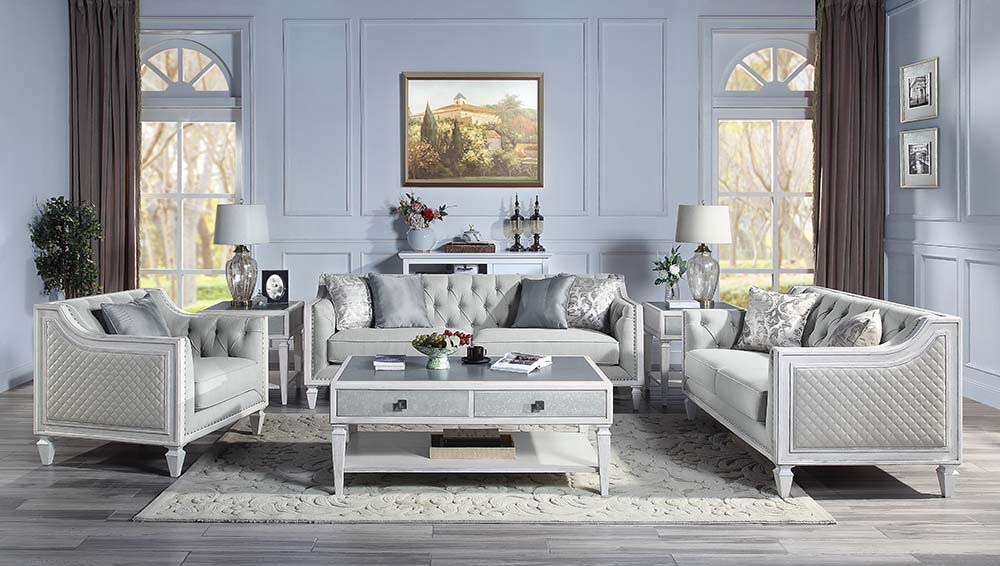 Katia - Sofa - Light Gray Linen & Weathered White Finish Unique Piece Furniture