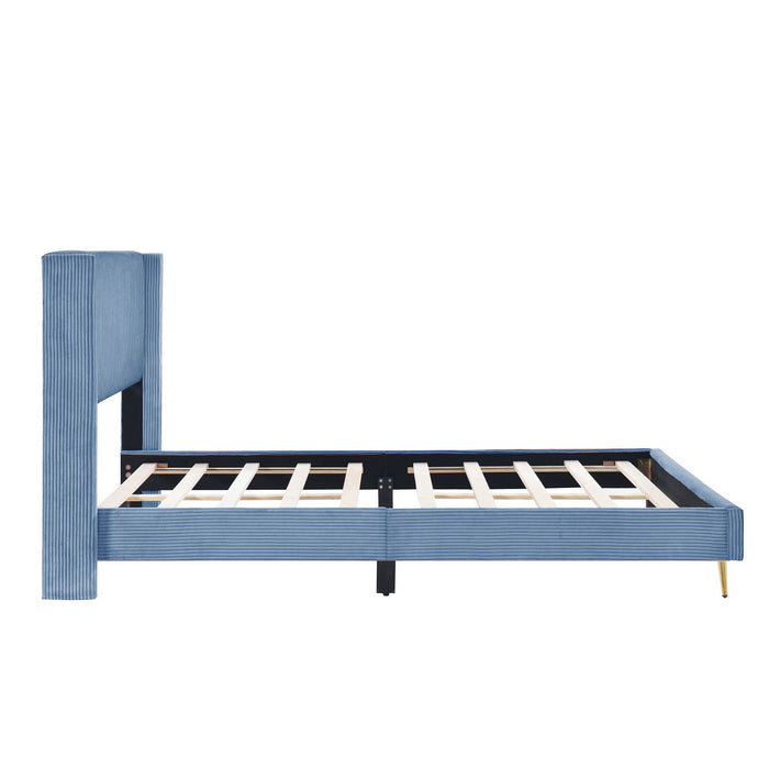 Queen Size Corduroy Platform Bed With Metal Legs, Blue
