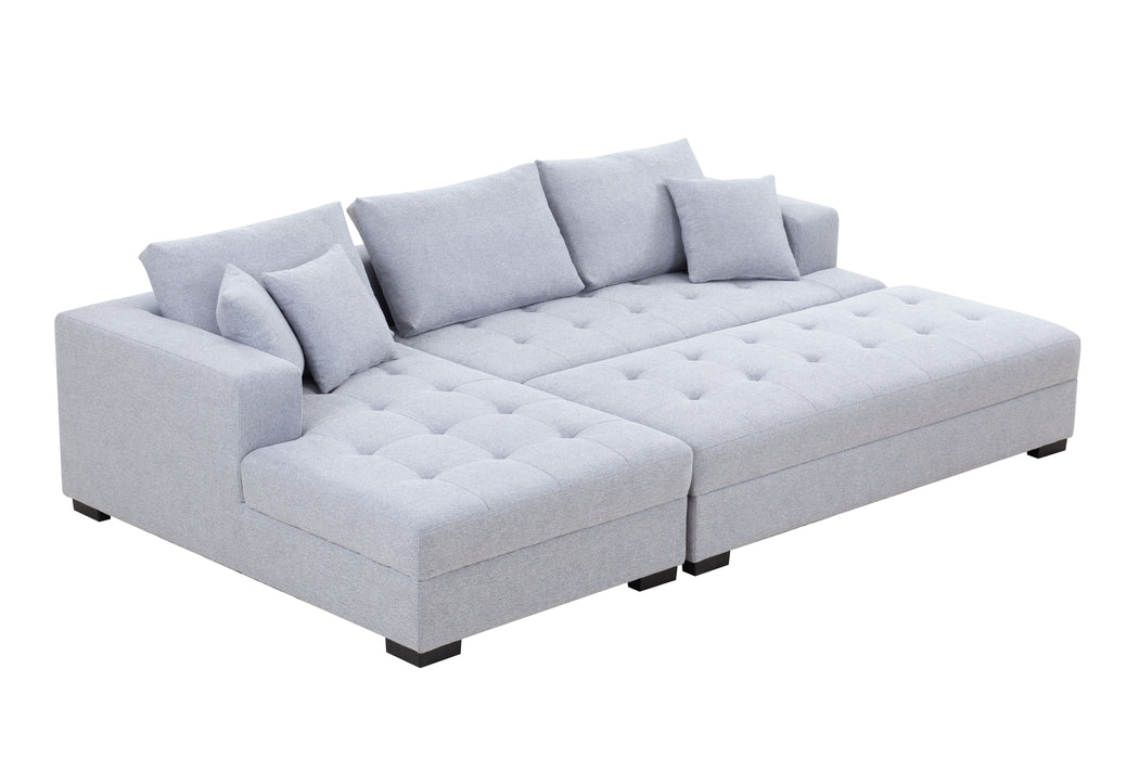Tufted Fabric 3-Seat L-Shape Sectional Sofa Couch Set With Chaise Lounge, Ottoman Coffee Table Bench, Light Gray