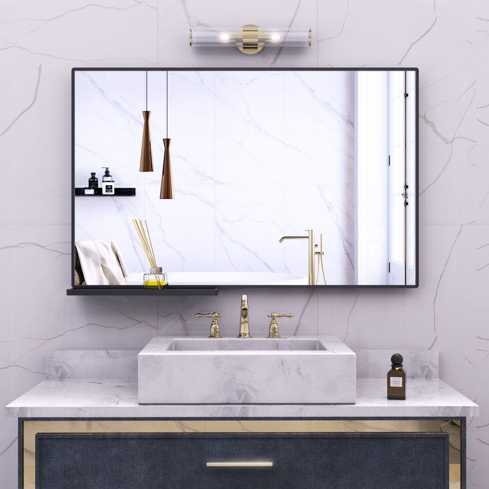 Modern Black Bathroom Mirror With Storage Rack Aluminum Frame Rectangular Decorative Wall Mirrors For Living Room Bedroom