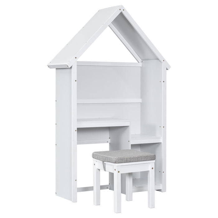 House-Shaped Desk With A Cushion Stool, White