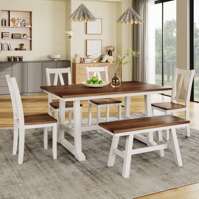 Topmax 6 Piece Wood Dining Table Set Kitchen Table Set With Long Bench And 4 Dining Chairs, Farmhouse Style, Walnut / White