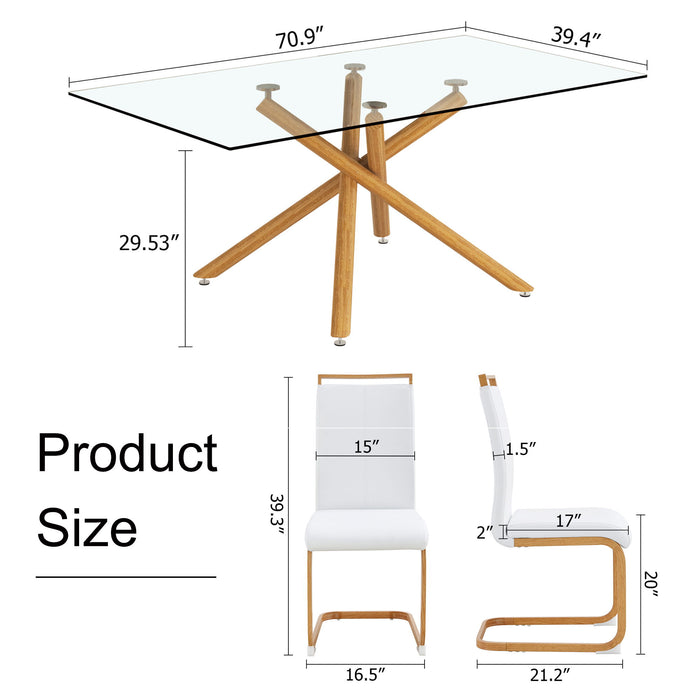 1 Table With 6 Chairs Glass Dining Table With 0 39"Tempered Glass Tabletop And Wooden Metal Legs PU Leather High Backrest Cushioned Side Chair With C Shaped Chrome Metal Legs