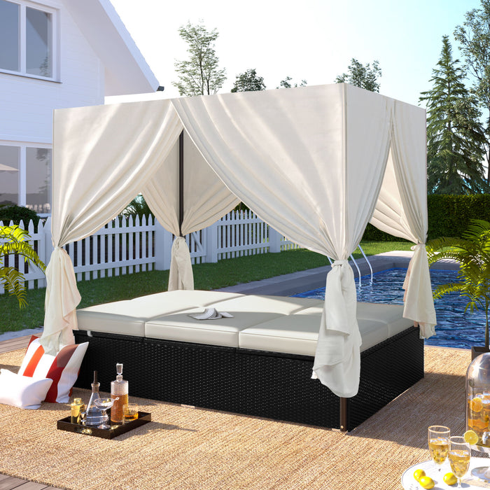 U_Style Outdoor Patio Wicker Sunbed Daybed With Cushions, Adjustable Seats - Beige