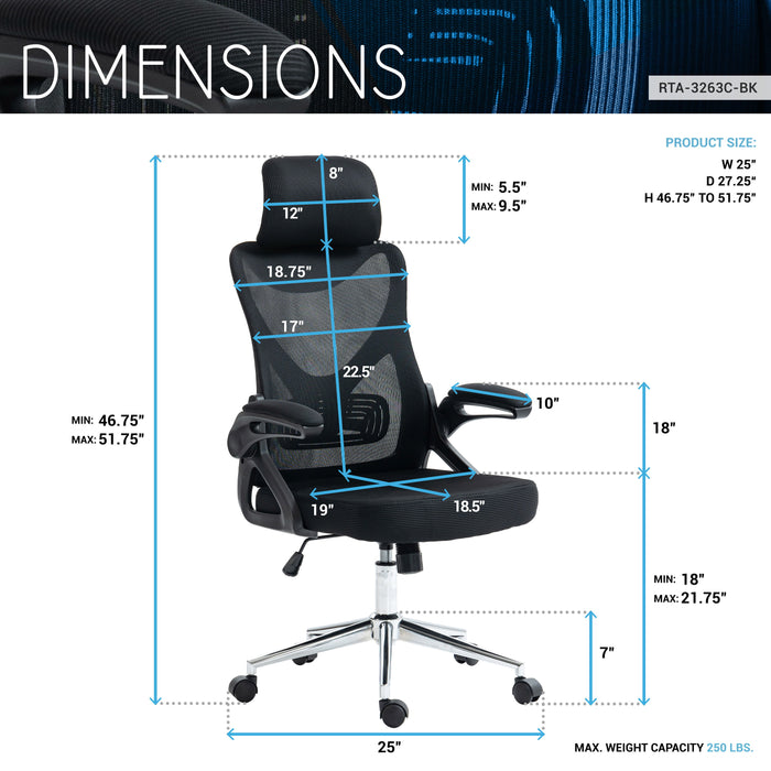 Techni Mobili Essential Ergonomic Office Chair With Headrest & Lumbar Support, Black