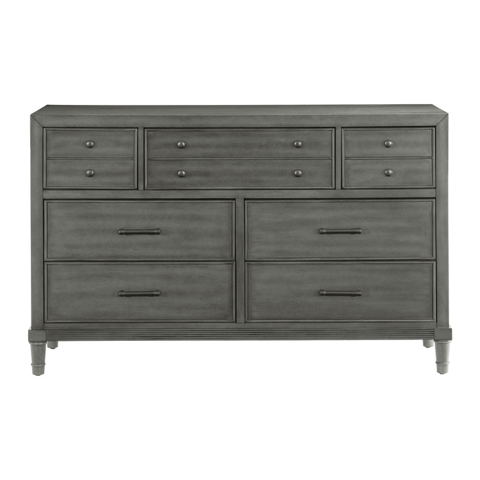 Transitional Style Gray Finish 1 Piece Dresser Of 7 Drawers Dark Bronze Handles Wooden Bedroom Furniture