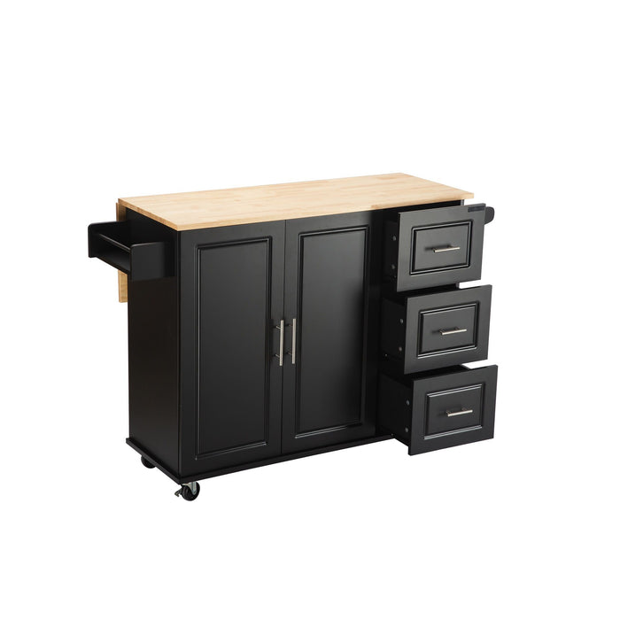 Kitchen Island & Kitchen Cart / Nmobile Kitchen Island With Extensible Rubber Wood Table Top / Nadjustable Shelf Inside Cabinet / N3 Big Drawers, With Spice Rack, Towel Rack / Black - Beech .