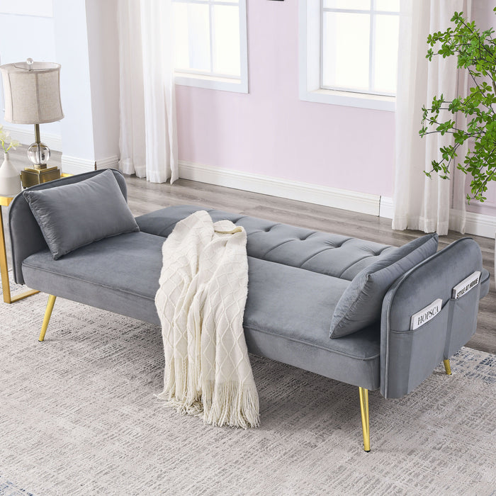 Convertible Sofa Bed, Adjustable Velvet Sofa Bed - Velvet Folding Lounge Recliner - Reversible Daybed - Ideal For Bedroom With Two Pillows And Center Legs