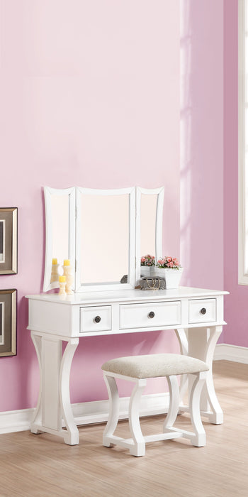 Unique Modern Bedroom Vanity Set Stool Foldable Mirror Drawers White Color MDF Veneer 1 Piece Vanity Furniture