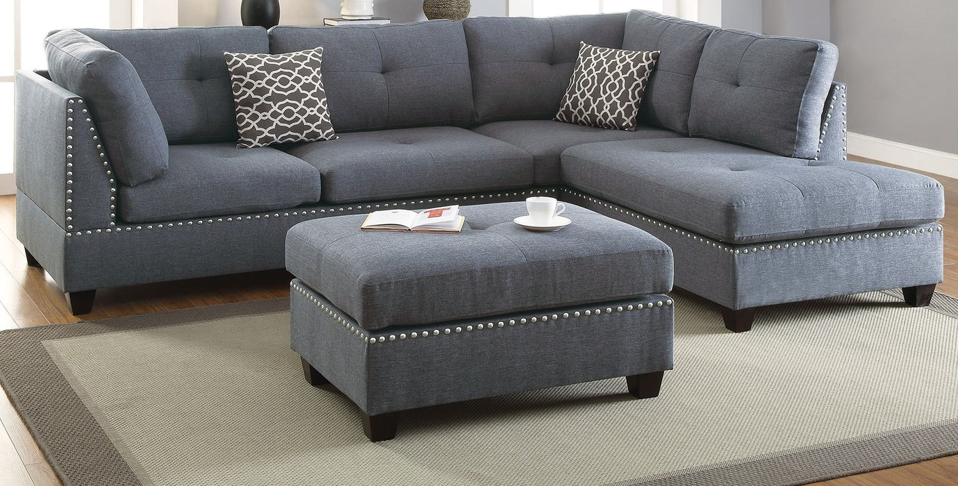 3 Pieces Sectional Sofa Blue Gray Polyfiber Cushion Sofa Chaise Ottoman Reversible Couch Pillows