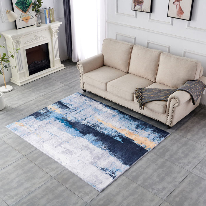 Zara Collection Abstract Design Blue Yellow Machine Washable Super Soft Area Rug - Gray