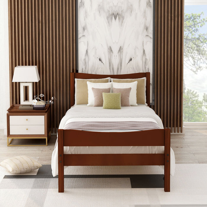 Twin Size Wood Platform Bed With Headboard And Wooden Slat Support (Walnut)