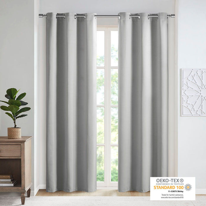 Solid Blackout Triple Weave Grommet Top Curtain Panel Pair In Gray