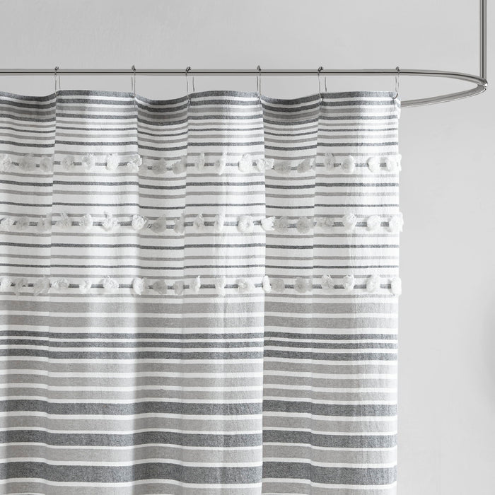 Cotton Yarn Dye Shower Curtain With Pom Poms