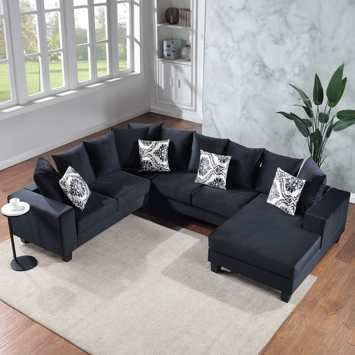 Modern U-Shape Sectional Sofa, Velvet Corner Couch With Lots Of Pillows Included, Elegant And Functional Indoor Furniture For Living Room, Apartment, Office, 2 Colors - Black