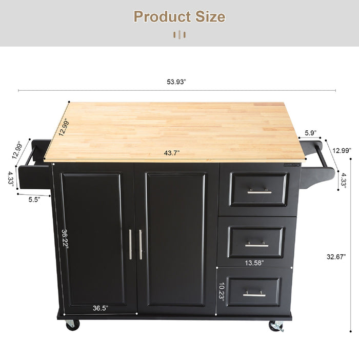 Kitchen Island & Kitchen Cart / Nmobile Kitchen Island With Extensible Rubber Wood Table Top / Nadjustable Shelf Inside Cabinet / N3 Big Drawers, With Spice Rack, Towel Rack / Black - Beech .