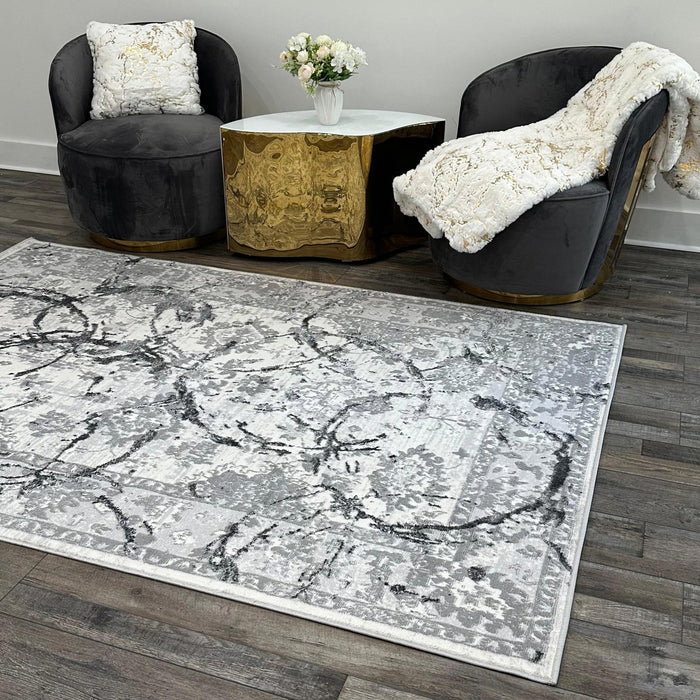 Penina - Luxury Area Rug In Gray With Silver Circles Abstract Design