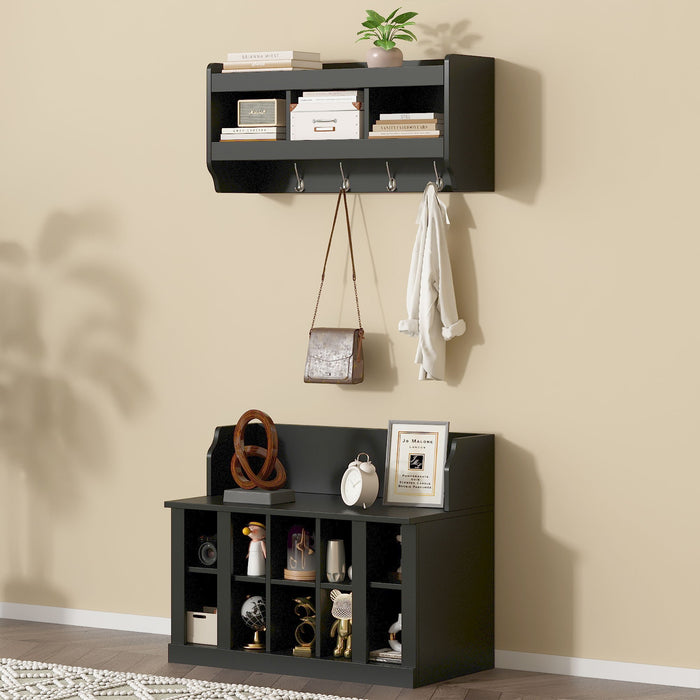 On Trend Shoe Storage Bench With Shelves And 4 Hooks, Elegant Hall Tree With Wall Mounted Coat Rack, Entryway Organizer For Hallway, Foyer, Mudroom, Black