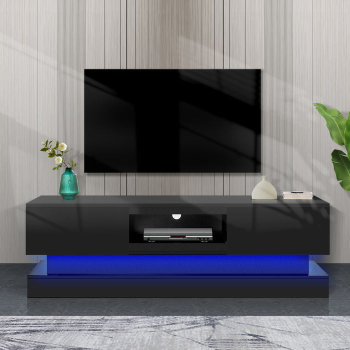 51.18" Black Morden TV Stand With LED Lights, High Glossy Front TV Cabinet, Can Be Assembled In Lounge Room, Living Room Or Bedroom, Black