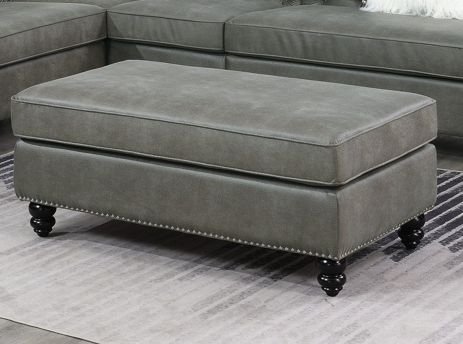 Living Room Xl Cocktail Ottoman Slate Gray Leatherette Accent Studding Trim Wooden Legs
