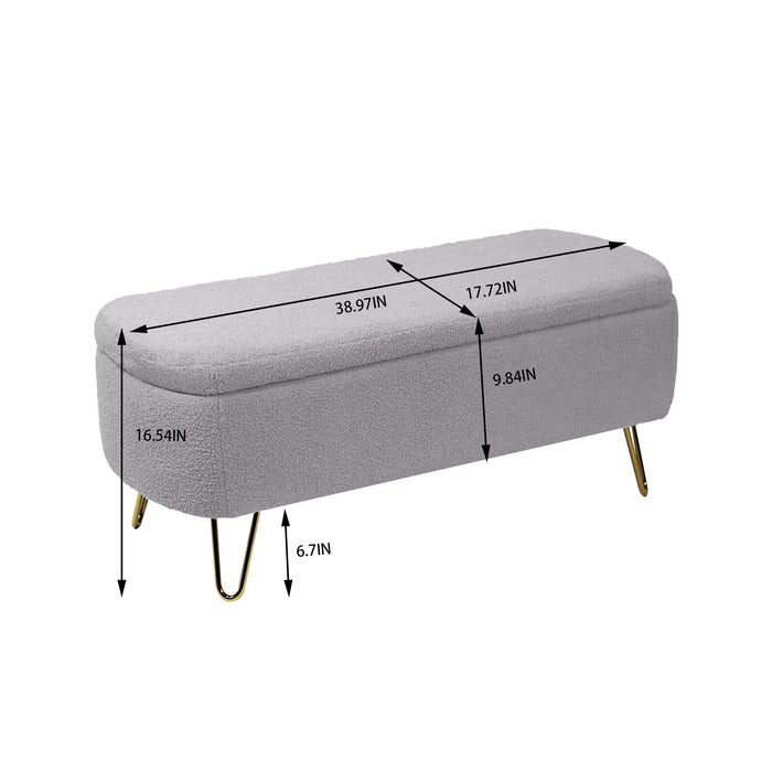 Grey Storage Ottoman Bench For End Of Bed Gold Legs, Modern Grey Faux Fur Entryway Bench Upholstered Padded With Storage For Living Room Bedroom