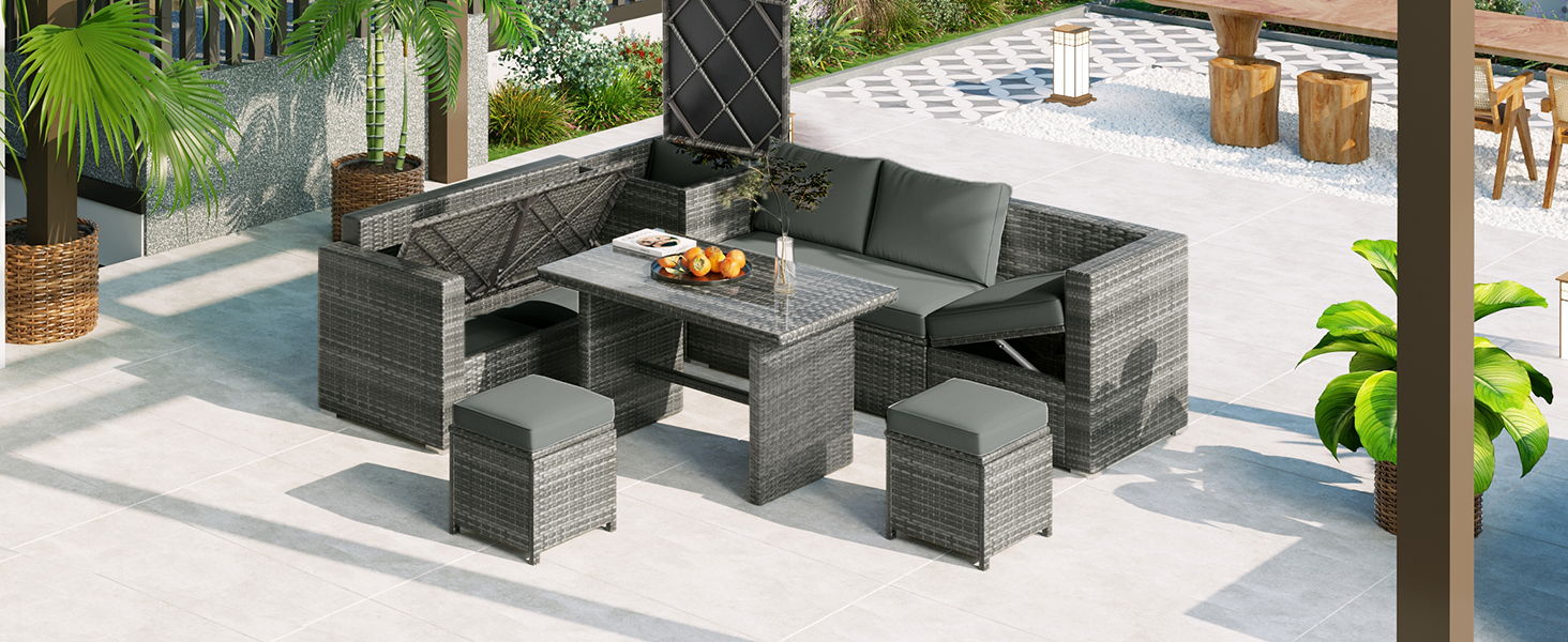 Top max Outdoor 6 Piece All Weather Pe Rattan Sofa Set, Garden Patio Wicker Sectional Furniture Set With Adjustable Seat, Storage Box, Removable Covers And Tempered Glass Top Table, Gray