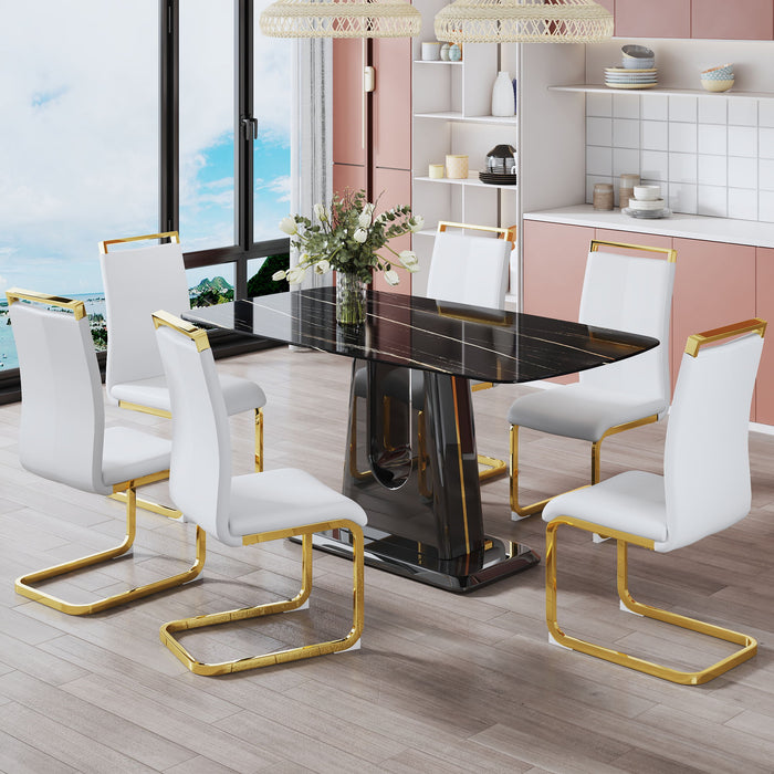 1 Table And 6 Chairs Modern, Simple And Luxurious Black Imitation Marble Rectangular Dining Table And Desk With 6 White PU Gold Plated Leg Chairs