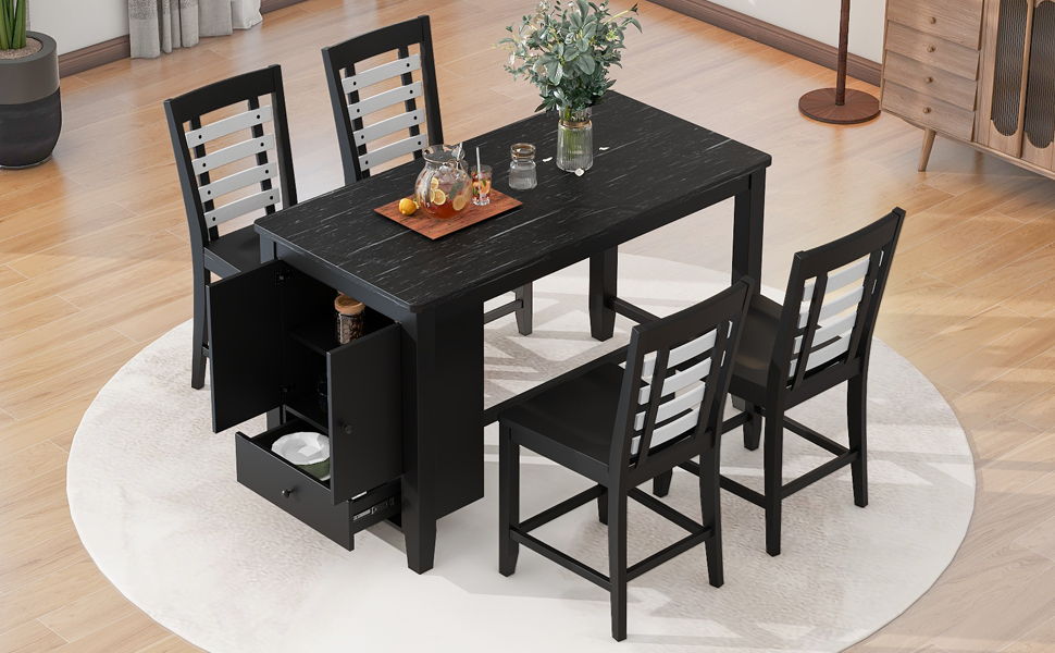 Top max Counter Height 5 Piece Dining Table Set With Faux Marble TableTop , Solid Wood Table Set With Storage Cabinet And Drawer, Black