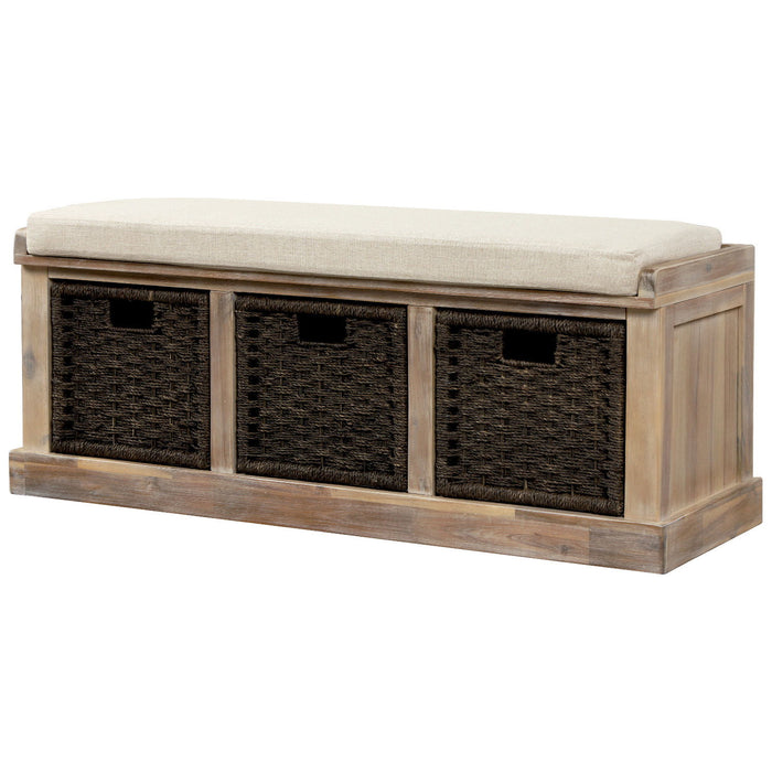 Trexm Rustic Storage Bench With 3 Removable Classic Rattan Basket, Entryway Bench With Removable Cushion (White Washed)