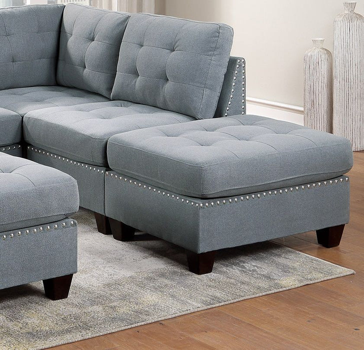 Modular Sectional 6 Piece Set Living Room Furniture L-Sectional Gray Linen Like Fabric Tufted Nail Heads 2 Corner Wedge 2 Armless Chairs And 2 Ottomans