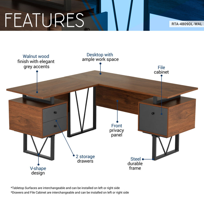 Techni Mobili Reversible Shape Computer Desk With Drawers And File Cabinet, Walnut