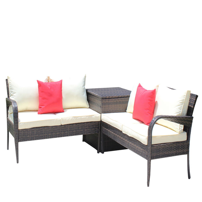 3 Piece Patio Sectional Wicker Rattan Outdoor Furniture Sofa Set With Storage Box - Brown