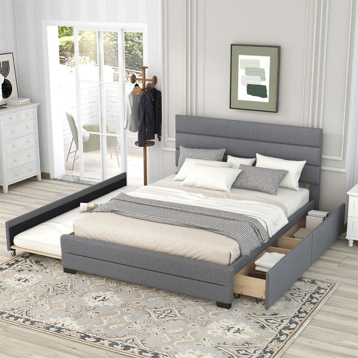 Queen Upholstered Platform Bed With Twin Size Trundle And Two Drawers, Grey