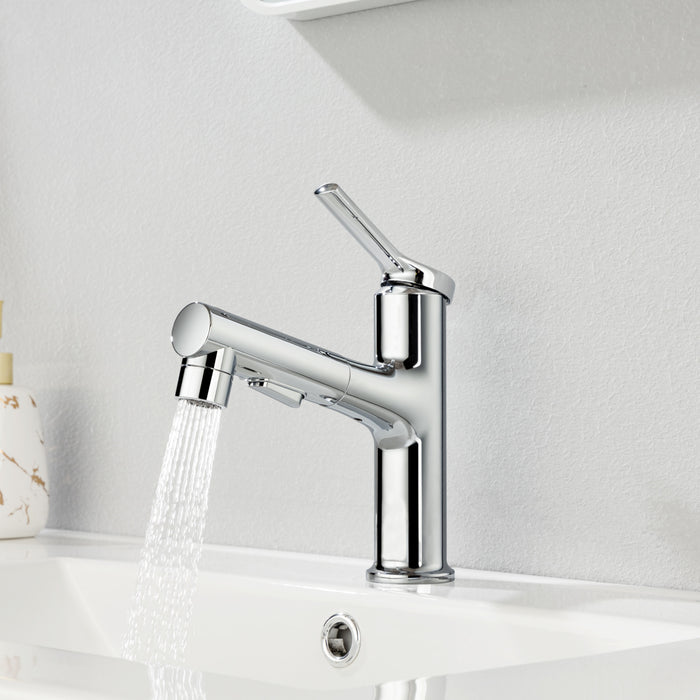 Single Hole Bathroom Faucet With Pull Out Sprayer, Dual Spray Modes, Solid Brass Polished Chrome Bathroom Faucet For Sink, Modern One Handle Bath Vanity Faucet With Face Basin Mixer Tap\\Nvisit The Yi - Chrome