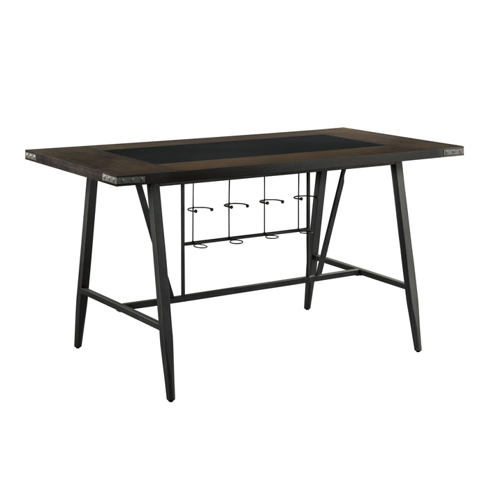 1 Piece Counter Height Dining Table W Glass Insert Top Wine Rack Base Casual Dining Furniture Brown Wood Gray Metal Finish