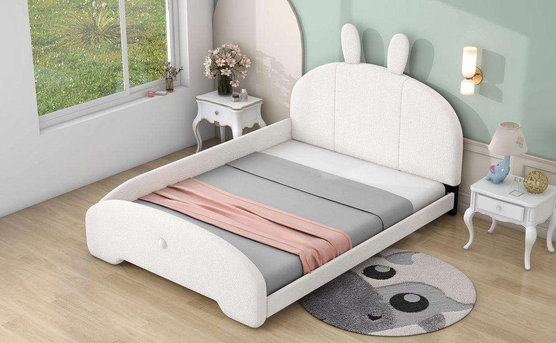 Full Size Upholstered Platform Bed With Cartoon Ears Shaped Headboard, White