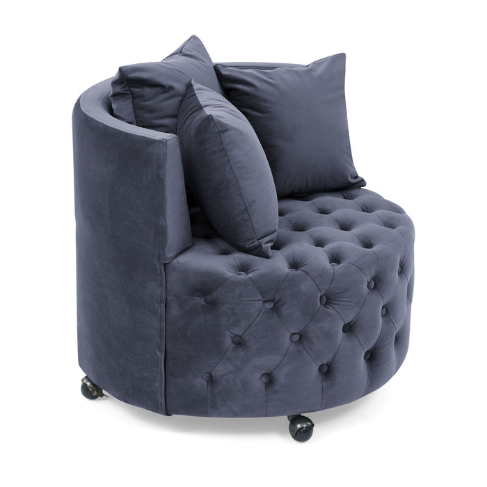 Velvet Upholstered Swivel Chair For Living Room, With Button Tufted Design And Movable Wheels, Including 3 Pillows, Grey