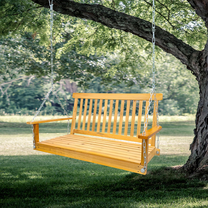 Front Porch Swing With Armrests, Wood Bench Swing With Hanging Chains, For Outdoor Patio, Garden Yard, Porch, Backyard, Or Sunroom, Easy To Assemble, Teak