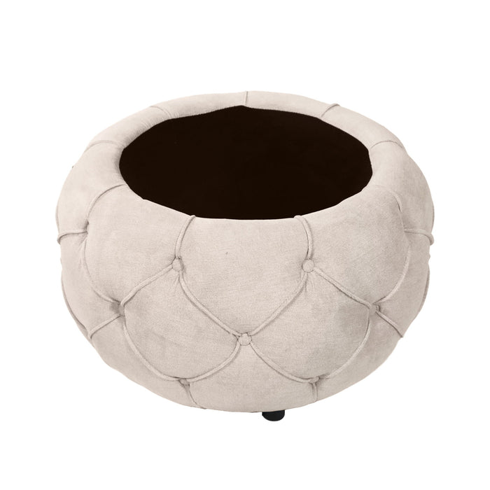 Large Button Tufted Woven Round Storage Ottoman For Living Room & Bedroom - Beige