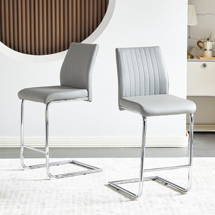 Light Grey Modern Simple Bar Chair Leather Chrome Metal Pipe, Restaurant, Family Bar Chair (Set of 2)