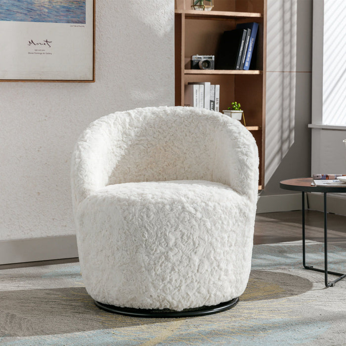 A&A Furniture, Artificial Rabbit Hair Fabric Swivel Accent Armchair Barrel Chair With Black Powder Coating Metal Ring, 360° Swivel Feature Make This Modern Armchair, Ivory White