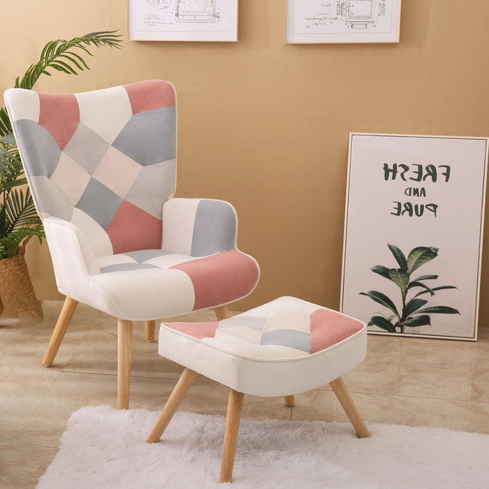 Accent Chair With Ottoman, Living Room Chair And Ottoman Set, Comfy Side Armchair For Bedroom, Creative Splicing Cloth Surface, Pink