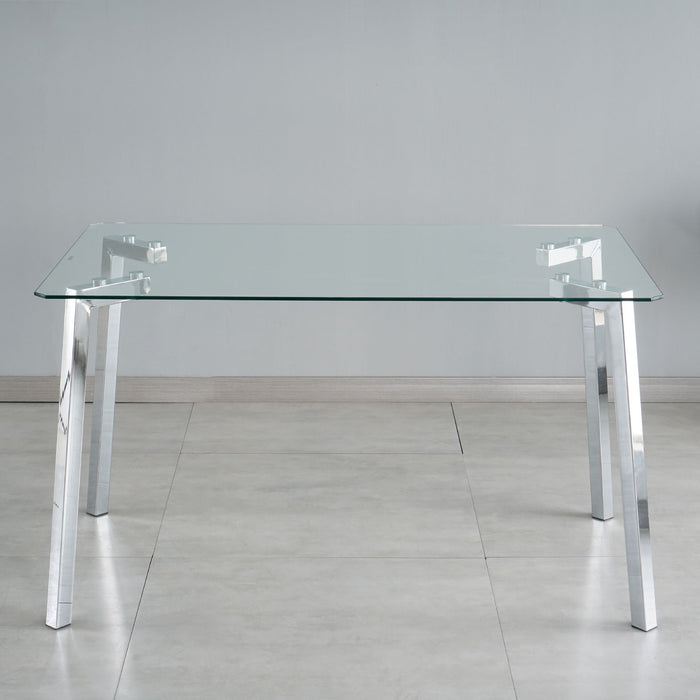 Modern Minimalist Rectangle Glass Dining Table, Transparent Glass Tabletop And Electroplate Metal Legs, Suitable For Kitchens, Restaurants, And Living Rooms