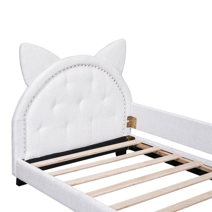 Teddy Fleece Twin Size Upholstered Daybed With Carton Ears Shaped Headboard - White
